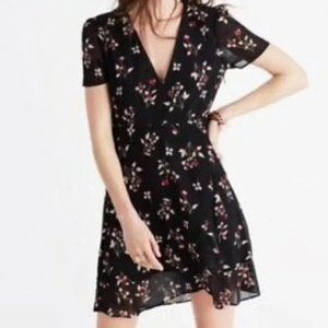 Madewell Posy Black Floral Ruffled V-Neck Short Sleeve Mini Dress